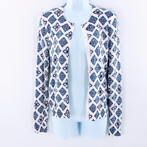 Vineyard Vines Womens Cardigan Sweater White Blue Tile Print Button Front Sz XS - Picture 1 of 8